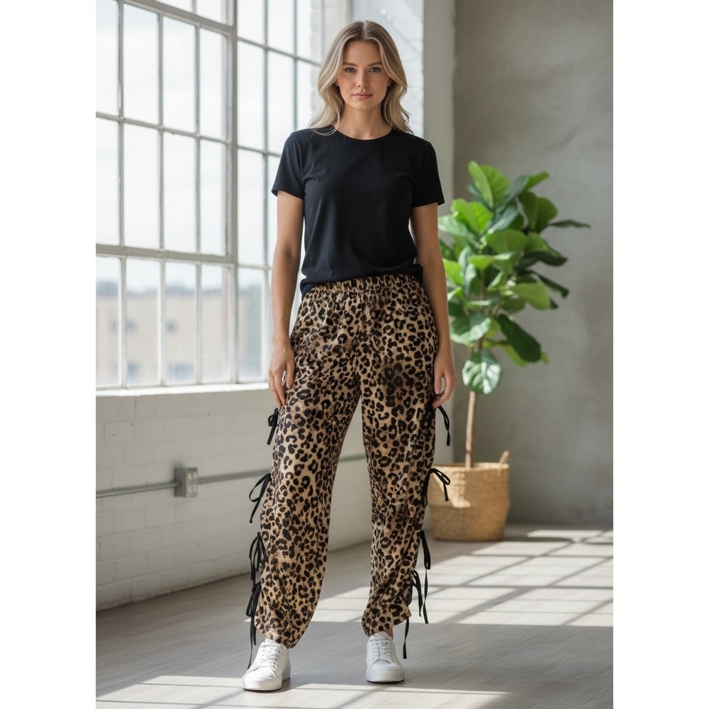 Wishlist Leopard Print Side Tie Jogger Pants Women Small Brown Black Relaxed Fit